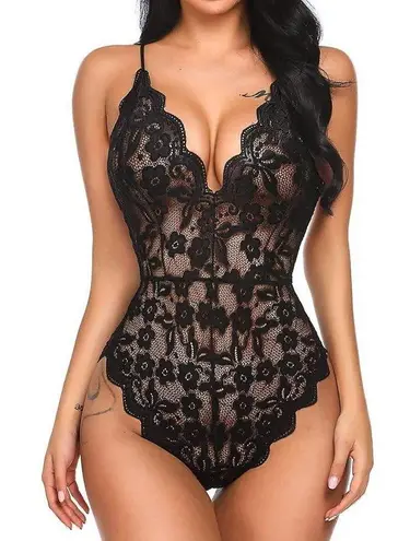 NWOT ~ Women's Sexy Black Lace One Piece Lingerie Deep V Teddy Bodysuit ~ XL