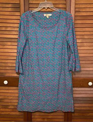 Aryeh Boutique Turquoise and Hot Pink Patterned 3/4 Length Sleeve Dress Medium