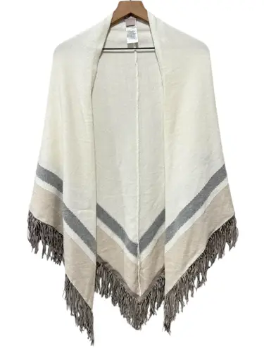 Chico's  Poncho Wrap Shawl Cape One Size Faux Suede Fringe Ivory Gray Stripe Open thumbnail 1