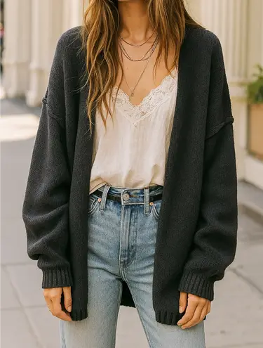 Women sz S Black Oversized Exposed Seam Chunky Knit Sweater Cozy Layer Warm Chic