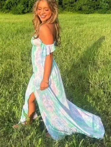 Tiare Hawaii Hollie Smocked Blue Violet Green Smoke Maxi Dress One Size