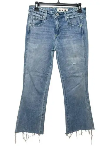 AMO Kick Crop Jeans in Sweet Cheeks Distressed Raw Hem Mid Rise Women’s Size 26 Blue