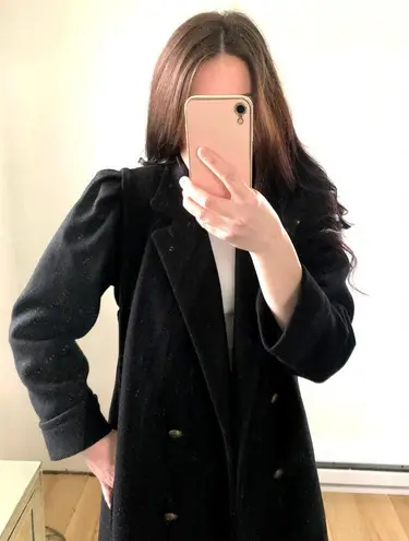 Vintage Black Double Breasted Long Wool Coat Pleated Puff Shoulder sz 8 Petite