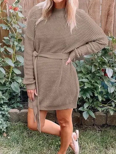 NWT Cozy Waffle Knit Crewneck Sweater Dress with Belt Tan Size Small