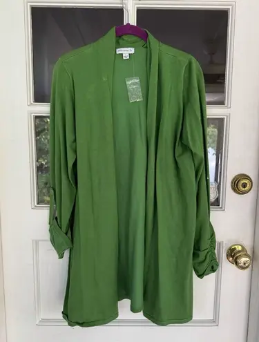 Susan Graver Large Green Open Cardigan Casual Office Roll Tab Sleeve NWOT READ