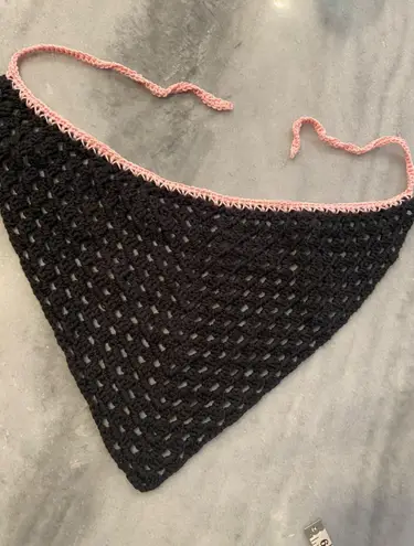 Handmade Black Pink Soft Cotton Crochet Triangle Kerchief Headscarf Mesh Boho