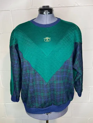 sweatshirt plaid chevron quilted green navy shoulder pads 1980s Size L