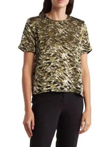 T Tahari  Womens Burnout Boxy Camo Abstract Short Sleeve Top Olive Medium NWT