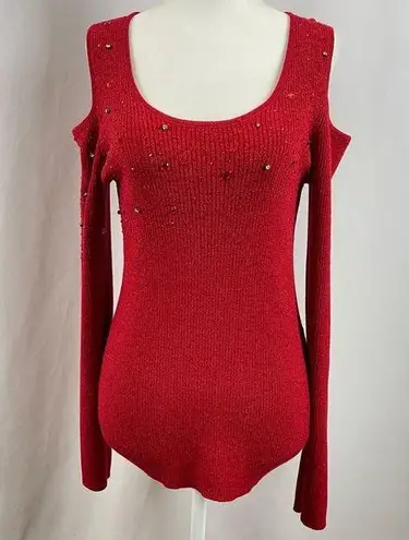 Belldini Large Y2K Cold Shoulder Beaded Rhinestone Ribbed Holiday Top Formal Red