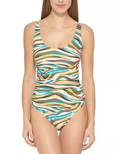 DKNY  Animal Print Multi Mesh Side-Stripe Ruched One-Piece Swimsuit Size 10 NWT