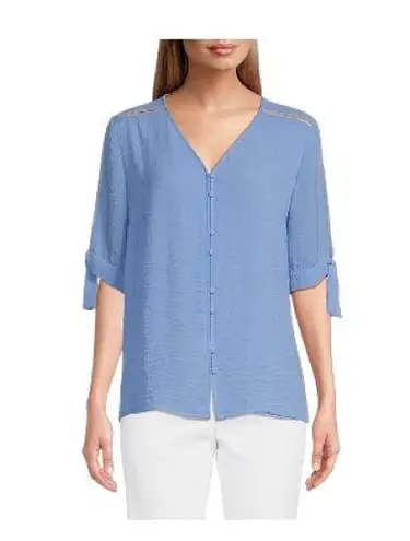 Investments Light Blue V-Neck Blouse Top Bow Tie Sleeve Size Large