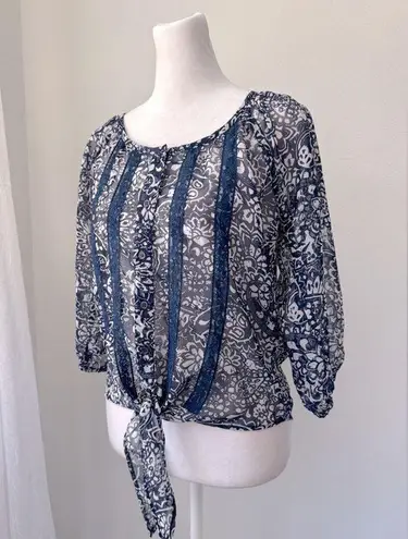 Full Tilt  Navy Blue & White Sheer Floral Print Tie-Front Blouse