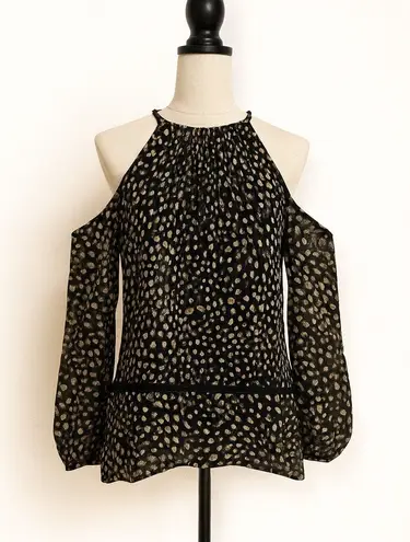 MICHAEL Michael Kors Cold Shoulder Blouse Black Beige Print Lined Size XS
