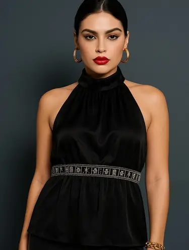 Michael Kors Babydoll Silk Halter Top 10 Beaded Old Money Mob Wife Holiday Y2K Black