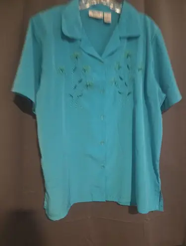 Keneth Too! Women's Blue Green Embroidered Beaded Top Blouse Jacket, Size Large