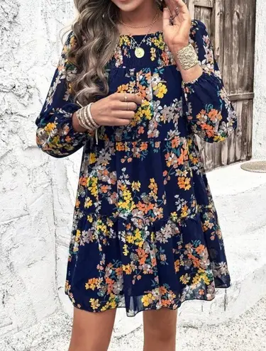 NEW Boho Navy and Floral Shirred Bodice Long Sleeve Ruffle Skirt Mini Dress Blue Size M