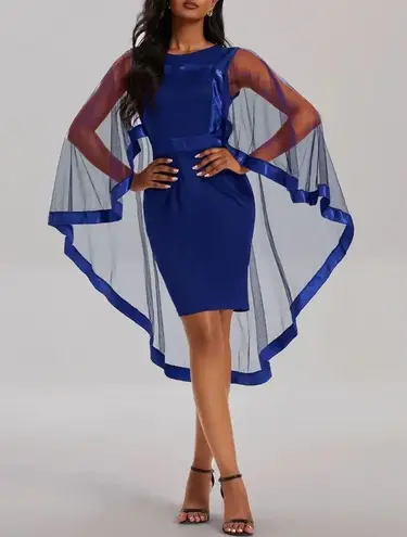 Formal Prom Dance Party Blue Mesh Shawl Cape Satin Sleeveless Fitted Mini Dress Size 1X
