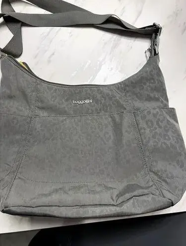 Baggallini Nylon Hobo Bag - Attaches to Suitcase with zipper Gray Cheetah Print