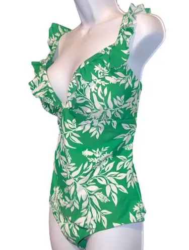 Profile  modern white and green tropical floral design one piece! New