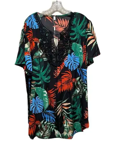 Ekouaer Lace Crochet Summer Beach Cover Up Dress Black Leaf Print Size 2XL NWT Blue