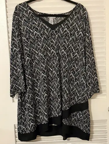 Black & White Catherines Black White Geometric Tunic Top Chiffon Hem 3/4 Sleeve Chic Work Wear