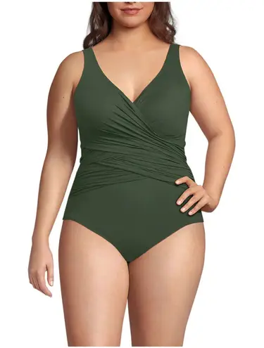 Lands End Green Cross Over One Piece Swimsuit Womens Sz 18 Wrap Flattering