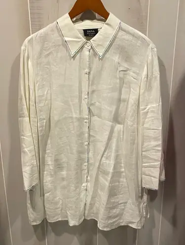 Dana Buchman Lovely vintage 90s linen square button creamy blouse blue trim - Image 1