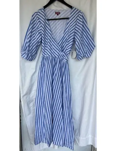 Staud Jodie Midi Wrap Dress Sea Stripe Size Small Bridal Wedding Guest Picnic Blue