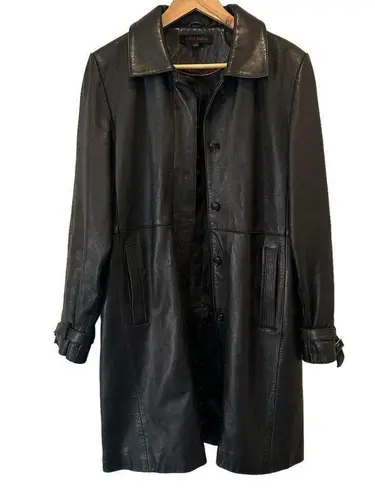 Anne Klein Vintage  Black Mid Length Butter Soft Leather Trench Coat Large