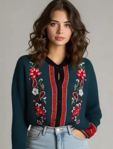 Vintage Koret Green and Red Cardigan with Floral and paisley Embroidery Size XL