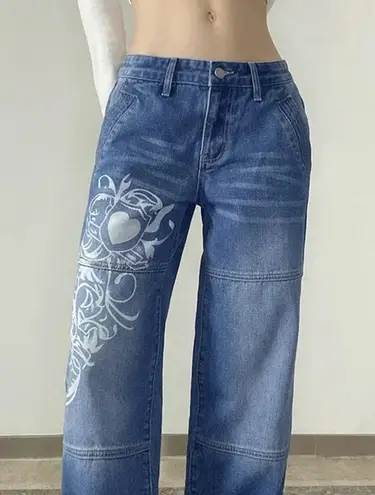 Women Low Rise Washed Baggy Jeans Heart Floral Graffiti Wide Leg Denim Sz Sm Blue