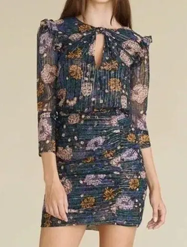 Veronica Beard Peppa Floral Mini Dress Floral Print Metallic Silk Chiffon Size 0