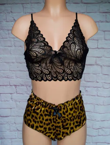 Boutique Black & Leopard Print, Lace & Satin, Lingerie Set