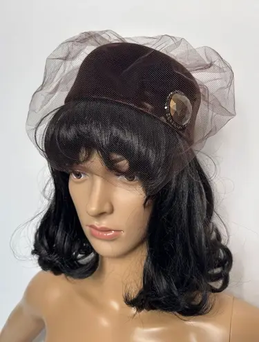 Vintage 1950s Betmar Brown Velvet Pillbox Hat with Veil & Jewel Accent