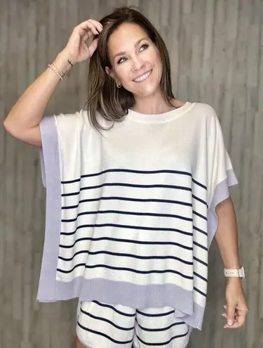 Entro  Womens Poncho Top Large Striped Round Neck Knit Sweater Heavy Coastal - Image 2