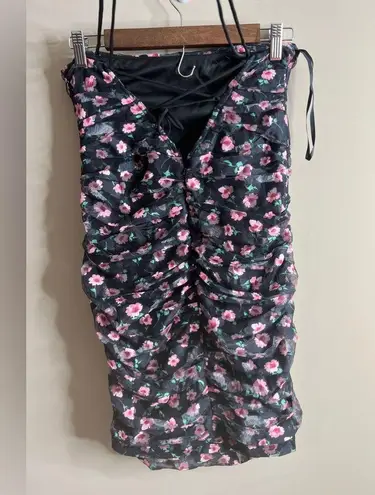 Angel Biba NWT lined black floral ruched body con dress size large