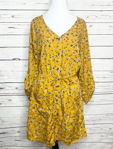 Hint of Blush Mustard Yellow Spring Summer Granny Floral Casual Dress Size Large