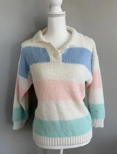 Vintage 80s Adam French Pastel Striped Knit Pullover Sweater Woman’s Size Small White - Image 1