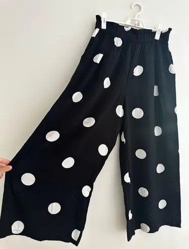 Oysho Flowy Black and White Polka Dot Pants - Size Small, Wide-Leg, Perfect for