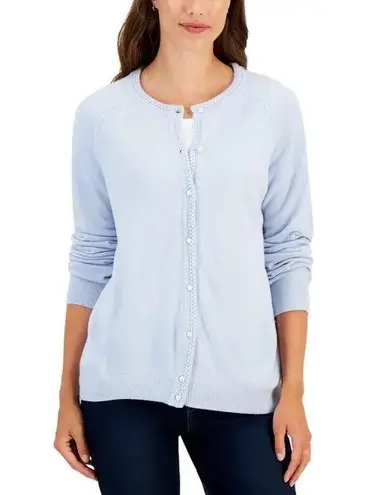 NWT Karen Scott Faux Pearl Button-Up Cardigan Light Blue L