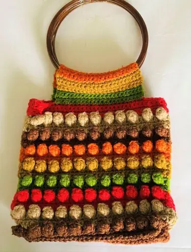 Vintage Multicolor Granny Crochet Bag with Acrylic Handles Vintage