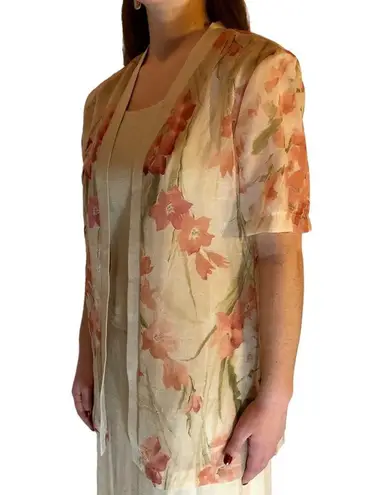 Vintage Sheri Martin 90's Sheath Dress Sheer Floral Jacket Topper Set Tan Size 8