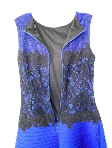 Tadashi Shoji dress pintuck neoprene lace black blue fit and flare sleeveless