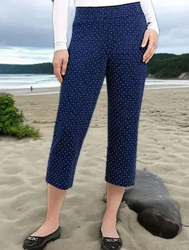 EUC Land's End Nautical Shore Navy white Capris Large L Polka Dots Stretch Blue