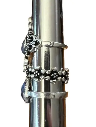 Lot of 3 Silver Tone Blue Teardrop, Floral & Oval Cabochon Size 6.25 Rings