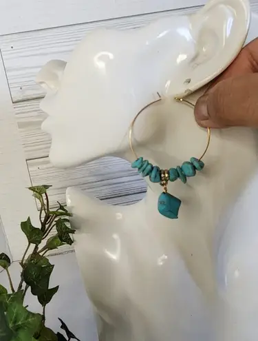 Boho Gold Hoop Earrings with Turquoise Blue Howlite Natural Stone