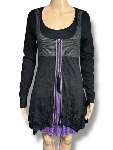 Tricotto Womens Tunic Top Boho Witchy Eclectic Whimsygoth Black Purple Small