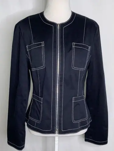 Nine & Co. Navy Blue White Stitching No Collar Tailored Sporty Jacket 8