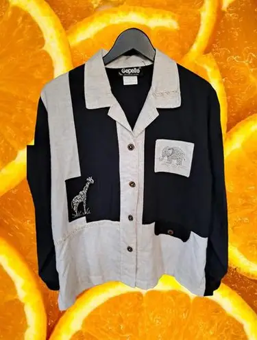 Gepetto Black and White Elephant and Giraffe Button Up Shirt Size Large