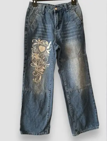 Women Low Rise Washed Baggy Jeans Heart Floral Graffiti Wide Leg Denim Sz Sm Blue